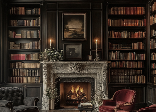 Study with marble fireplace and library