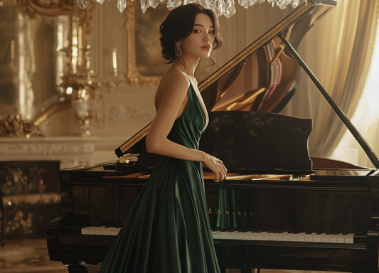 Woman standing next to Piano
