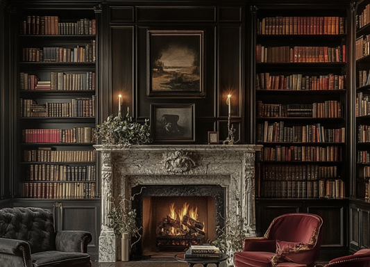 Study with marble fireplace and library 