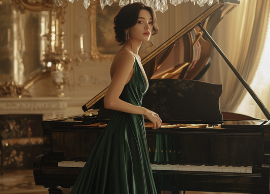 Woman standing next to Piano 